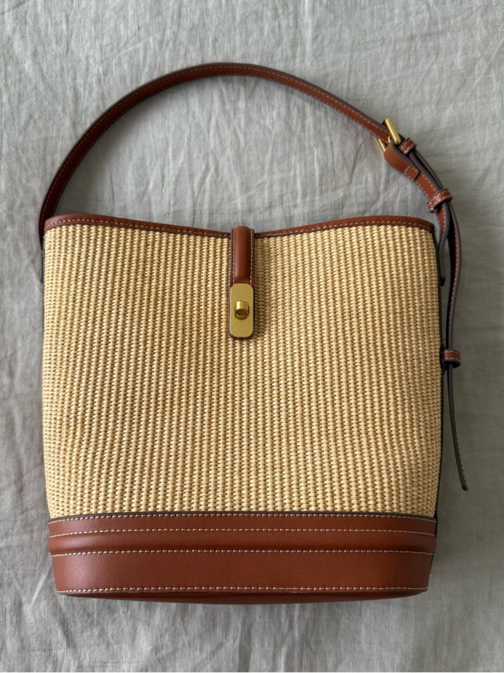 Mango Beige Straw Tote with Brown Vegan Leather Trim